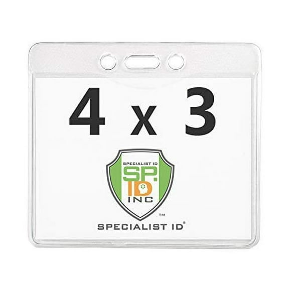 4X3 Name Badge Holder - Heavy Duty Clear Plastic Horizontal 4 x 3 Name Tag Lanyard Holder for Conference, Convention & Events by Specialist ID