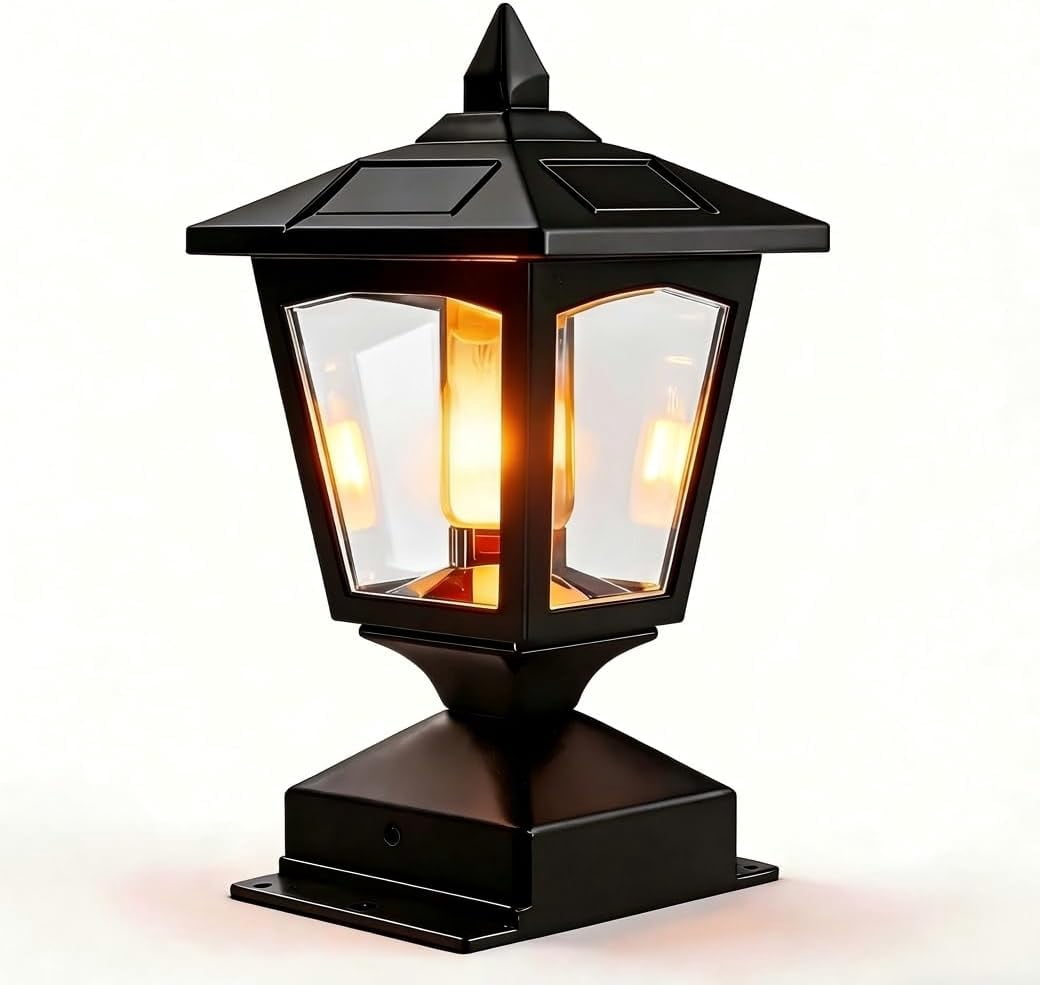 4X4 5X5 6X6 Solar Powered Post Cap Light, Outdoor Lantern, Black, Warm Flame Effect, Garden Fence Pillar Lamp