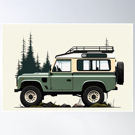 4X4 Green Vintage D90 In Forest Graphic Interpretation Poster Wall Art, Modern Wall Decor, 12x18 UNFRAMED