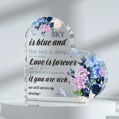 4"L x 4"W x 0.4"H Inch Heart Shape Acrylic Plaque Block Blessing Gift for Loved Ones Peony Magpie Ornament Charming Acrylic Desk Decor Tabletop Sign for Home Desktop Decor Warm Sentimental Gift