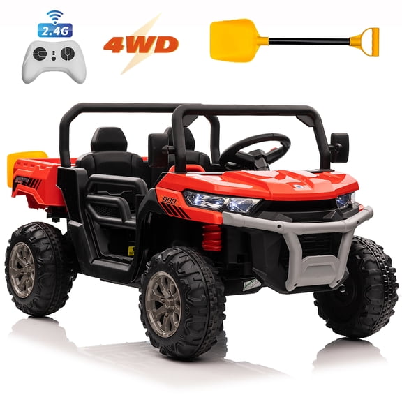 4X4 Kids 24V Ride on Toys Truck with Remote Control, 2 Seater Powered Four-Wheeler UTV Vehicle, 4x200W Outdoor Toys Car w/ Electric Dump Bed, Shovel, Bluetooth/Music, Red
