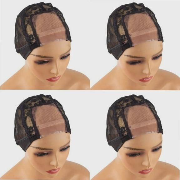4X4 Lace Wig Cap for Making Wigs 4 Pack U Part Wig Breathable Lace Mesh Cap with Adjustable Strap (4X4inch)