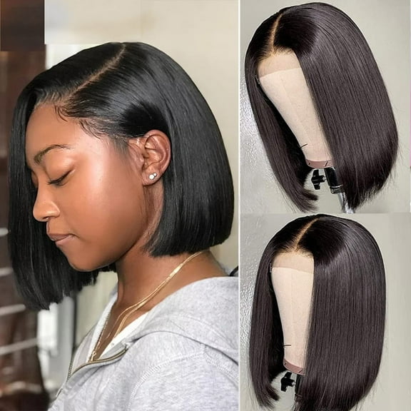 4X4 Straight Short Bob Wig With Baby Hair Transparent Lace Front Wig Pre Plucked Hairline Natural Black Brazilian Virgin Human Hair Glueless 150 Density Closure Wigs For Black Women,14 In