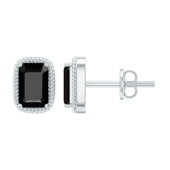 Rosec Jewels 4X6 MM Octagon Cut Black Onyx Solitaire Stud Earring in 4 Prong Setting with Twisted Rose Frame, 10K White Gold