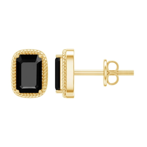 Rosec Jewels 4X6 MM Octagon Cut Black Onyx Solitaire Stud Earring in 4 Prong Setting with Twisted Rose Frame, 10K Yellow Gold