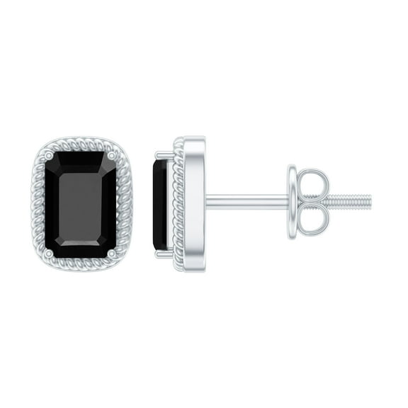 Rosec Jewels 4X6 MM Octagon Cut Black Onyx Solitaire Stud Earring in 4 Prong Setting with Twisted Rose Frame, 925 Sterling Silver
