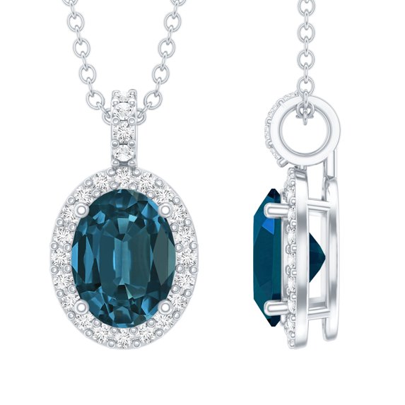 Rosec Jewels London Blue Topaz Pendant Necklace with Chain - 1 Ct - 6X8mm Oval - AAA Grade - Real Blue Topaz Diamond Necklace, 18K White Gold