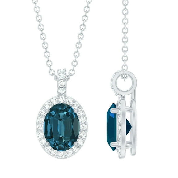 Rosec Jewels 4X6 MM Oval London Blue Topaz Pendant for Women with Diamond Halo, 925 Sterling Silver