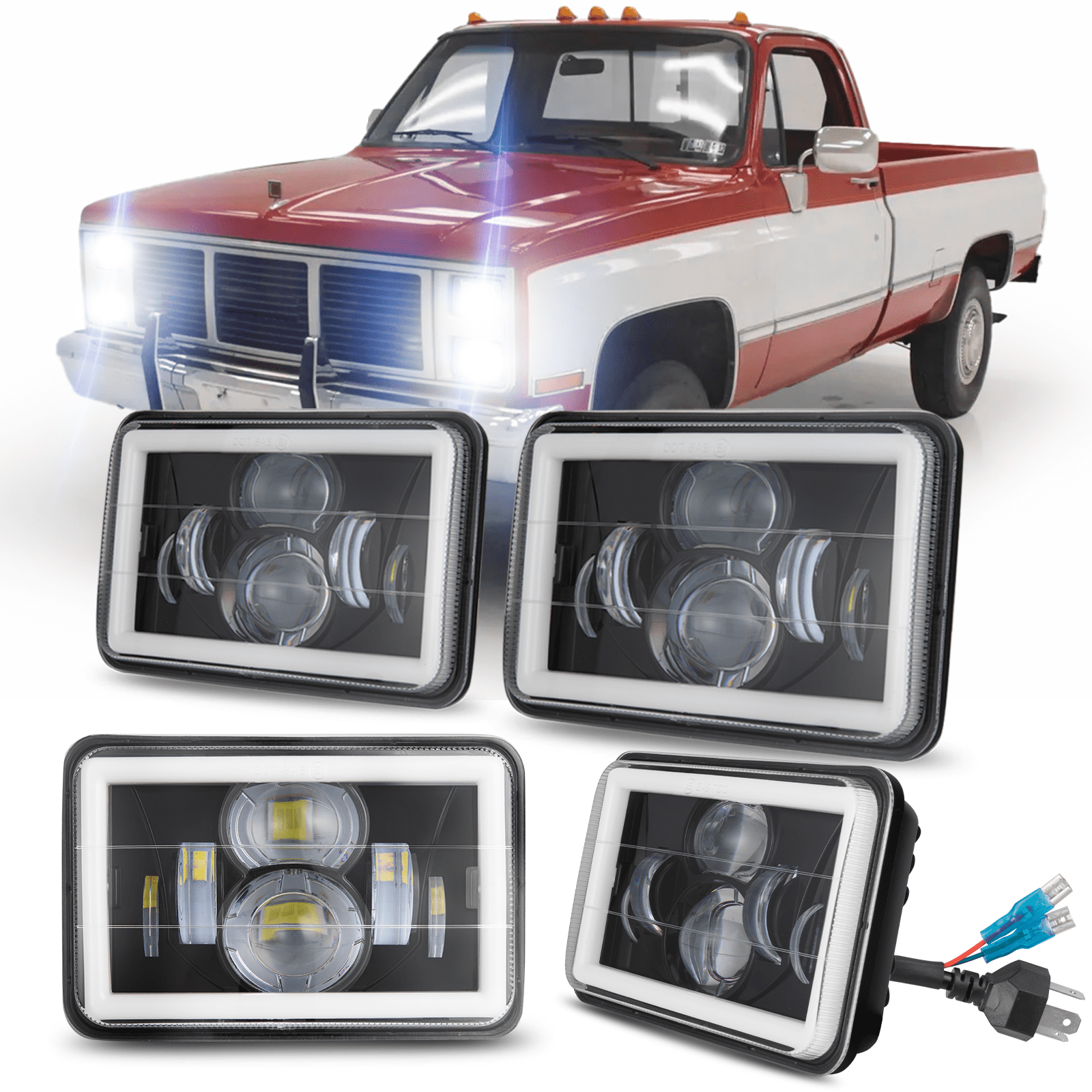 4PCS 4x6 LED Headlights For GMC T7500 1997-2009 – Hi/Lo Beam With DRL & Halo Projector, 6000K