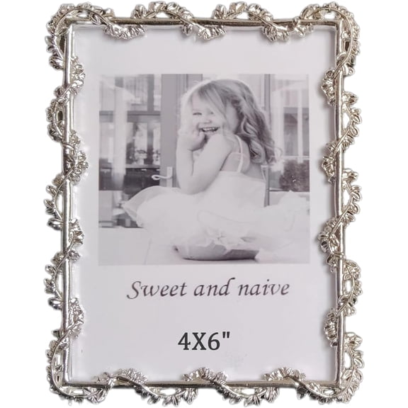 4X6in Modern Minimalist Picture Frames, Luxury Unique Ornate Silver Vine Photo Frame of HD Glass for Tabletop/Wall Display ,Perfect Gift Choice