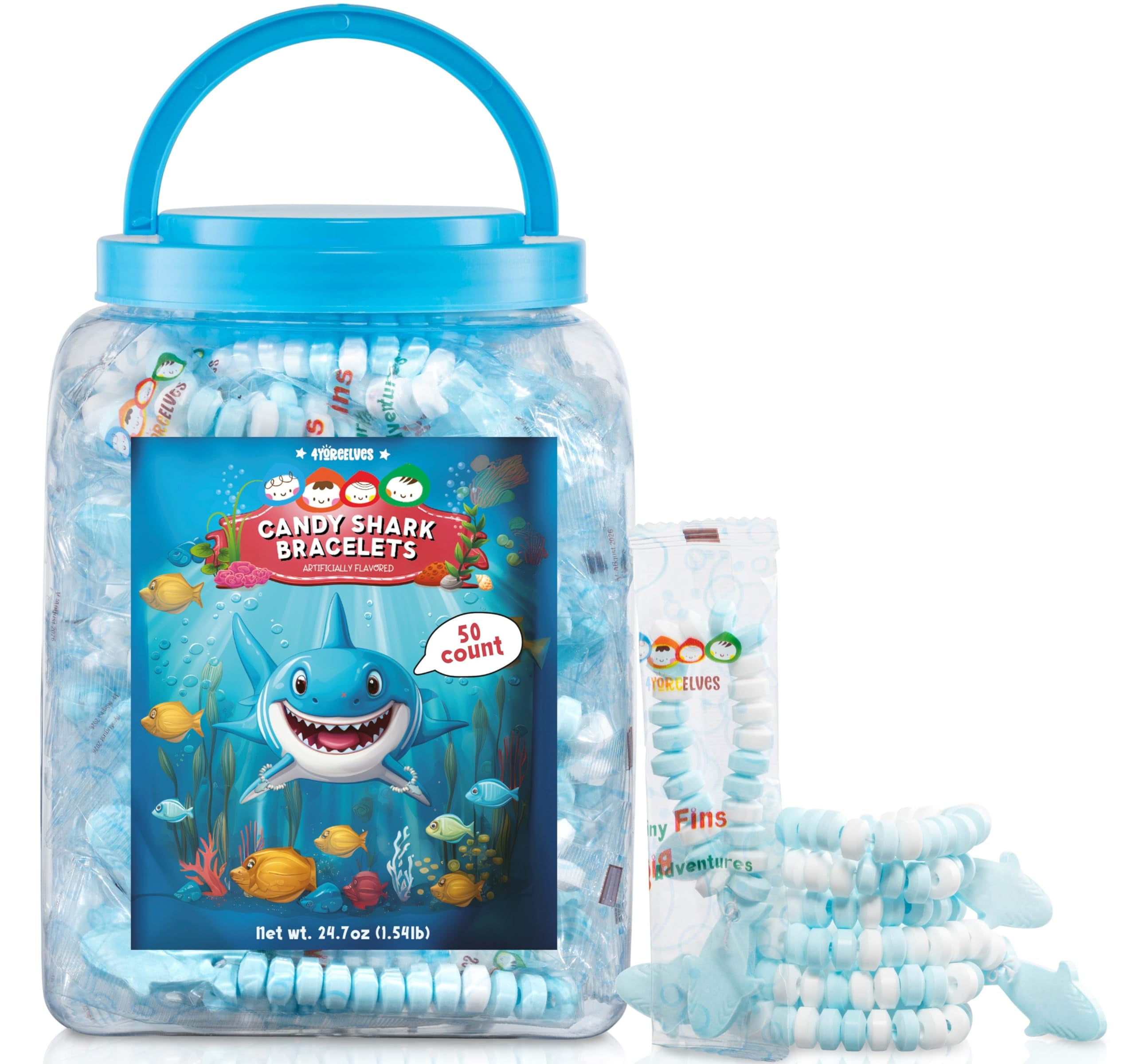 4YoreElves 50 Shark Candy Bracelet | Shark Party Favors | Shark Candy Bracelets, Individually Wrapped [0.5oz x 50 count]