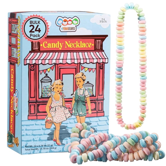 24 Pack of Candy Necklaces Individually Wrapped, Choker Style, Nostalgic Pastel Candy Jewelry Perfect for Party Favors, Pinata Fillers and Goodie Bags, Packed in a Convenient Display Box, By 4YoreElv