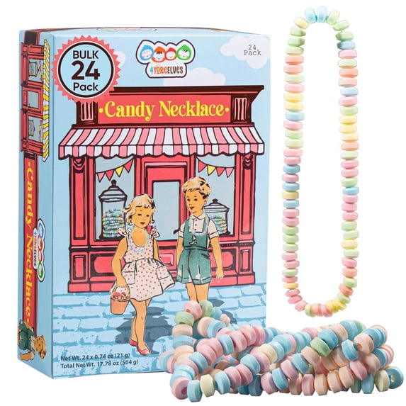 24 Pack of Candy Necklaces Individually Wrapped, Choker Style, Nostalgic Pastel Candy Jewelry Perfect for Party Favors, Pinata Fillers and Goodie Bags, Packed in a Convenient Display Box, By 4YoreElv