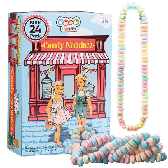 24 Pack of Candy Necklaces Individually Wrapped, Choker Style, Nostalgic Pastel Candy Jewelry Perfect for Party Favors, Pinata Fillers and Goodie Bags, Packed in a Convenient Display Box, By 4YoreElv