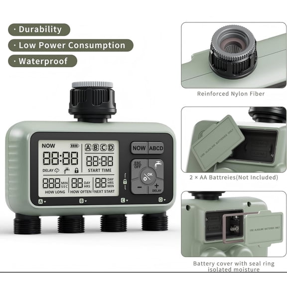 4Zone Water Timer Four Outlet for Garden Programmable Irrigation with Rain Delay