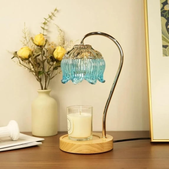 HomWamee Candle Warmer Lamp , Blue Lotus flower Adjustable Height and Dimmable with 4 Light Bulbs