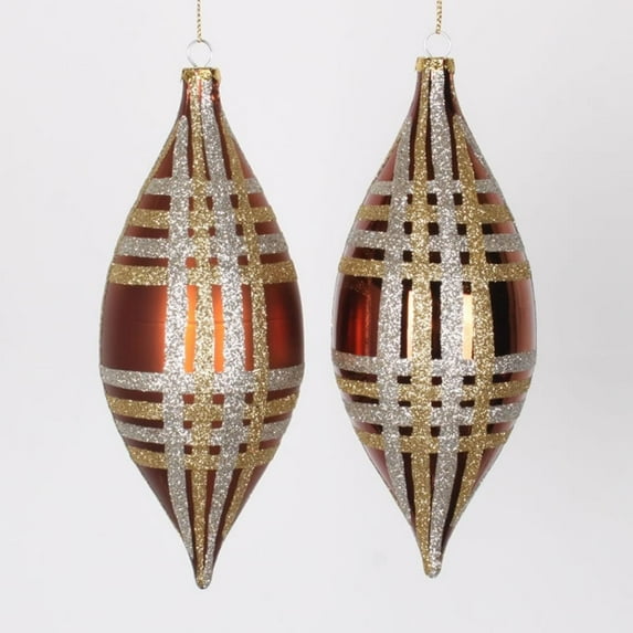 4ct Copper w/ Champagne Gold & Silver Glitter Plaid Shatterproof Christmas Finial Drop Ornaments 7"