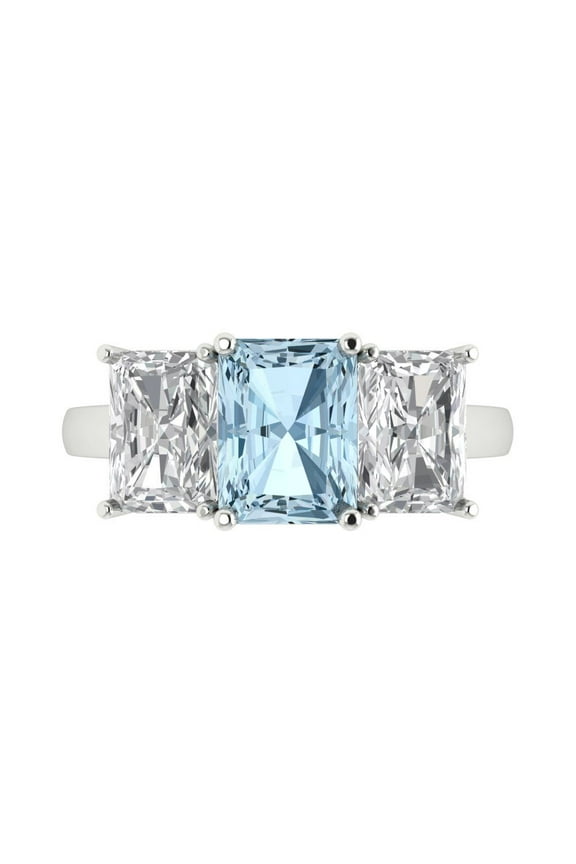 4ct Emerald Cut Blue Crystal 14k White Gold Engraving Statement Bridal Wedding Three-Stone Designer Ring Size 5.5