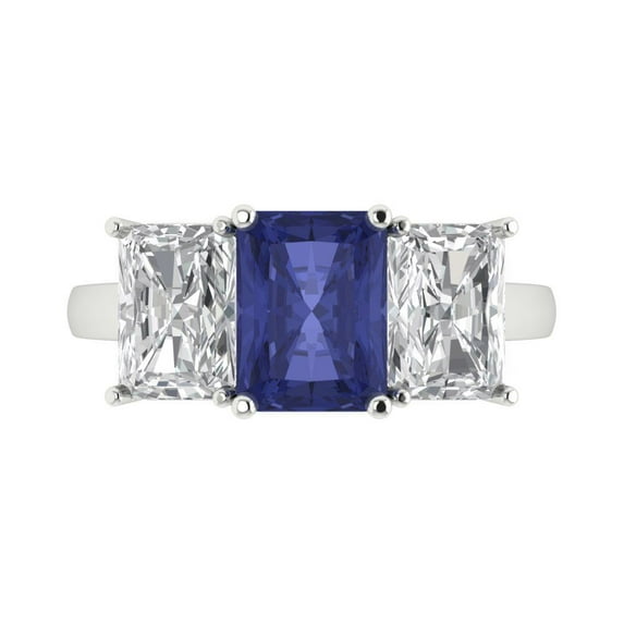 4ct Emerald Cut Blue Tanzanite 18k White Gold Engraving Statement Bridal Wedding Three-Stone Designer Ring Size 5.5