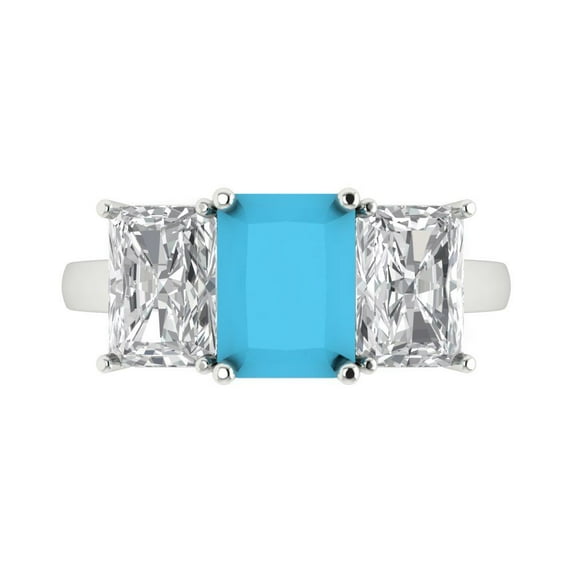 4ct Emerald Cut Blue Turquoise 18k White Gold Engraving Statement Bridal Wedding Three-Stone Designer Ring Size 7