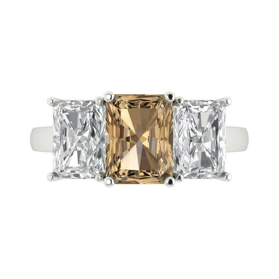 4ct Emerald Cut Brown Champagne Crystal 18k White Gold Engraving Statement Bridal Wedding 3 stone Designer Ring Size 6.5
