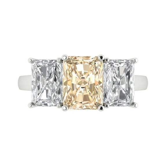 4ct Emerald Cut Brown Natural Morganite 18k White Gold Engraving Statement Bridal Wedding Three-Stone Designer Ring Size 8