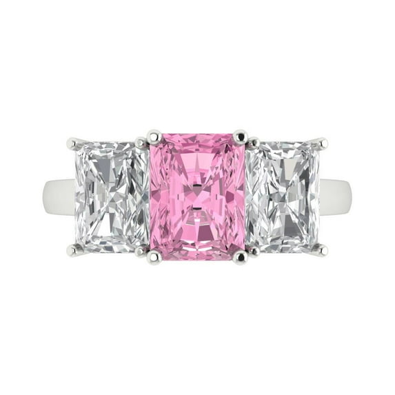 4ct Emerald Cut Pink Crystal 18k White Gold Engraving Statement Bridal Wedding Three-Stone Designer Ring Size 3.5