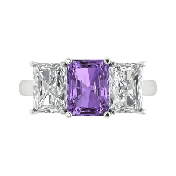 4ct Emerald Cut Purple Alexandrite 18k White Gold Engraving Statement Bridal Wedding Three-Stone Designer Ring Size 7