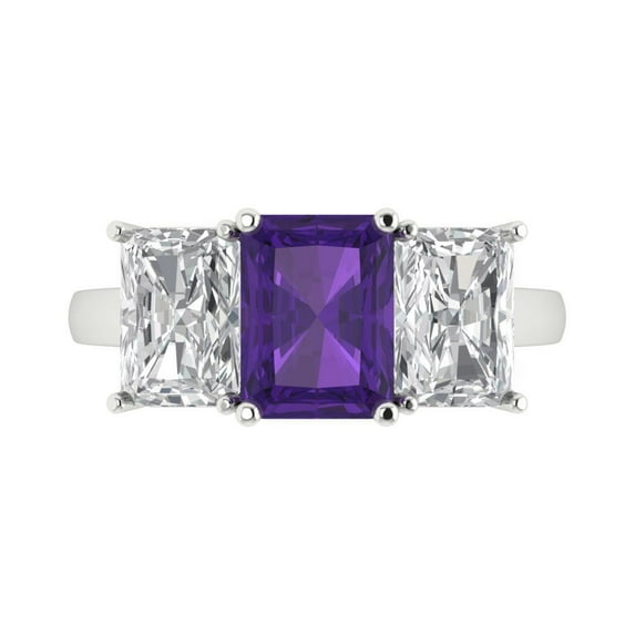 4ct Emerald Cut Purple Natural Amethyst 18k White Gold Engraving Statement Bridal Wedding Three-Stone Designer Ring Size 11