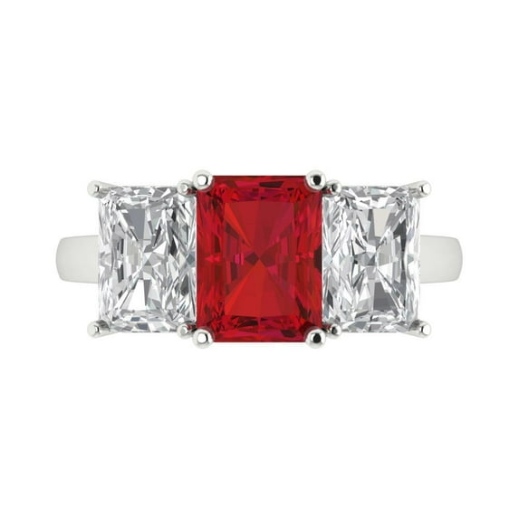 4ct Emerald Cut Red Ruby 18k White Gold Engraving Statement Bridal Wedding Three-Stone Designer Ring Size 3.5