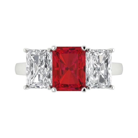 4ct Emerald Cut Red Ruby 18k White Gold Engraving Statement Bridal Wedding Three-Stone Designer Ring Size 7