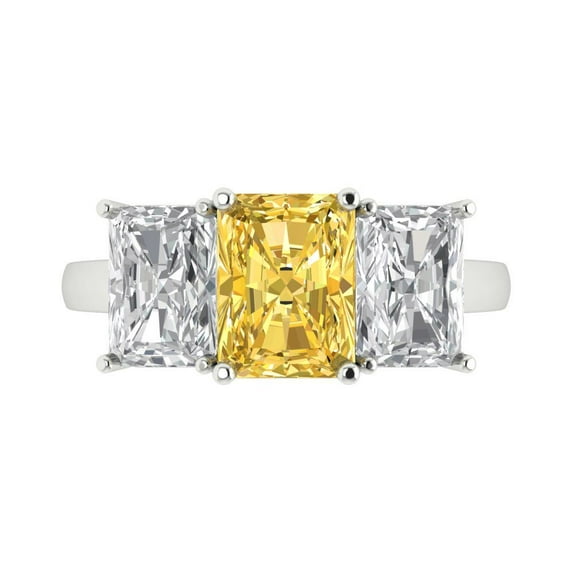 4ct Emerald Cut Yellow Crystal 18k White Gold Engraving Statement Bridal Wedding Three-Stone Designer Ring Size 8.5
