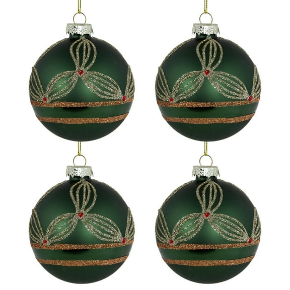 4ct Green and Gold Holly Berry Christmas Glass Ball Ornaments 3"