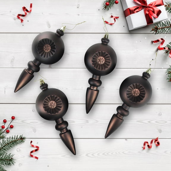 4ct Matte Brown Retro Reflector Shatterproof Christmas Finial Ornaments 7.5"