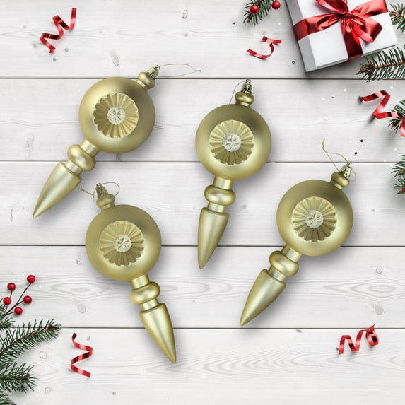 4ct Matte Gold Retro Reflector Shatterproof Christmas Finial Ornaments 7.5"