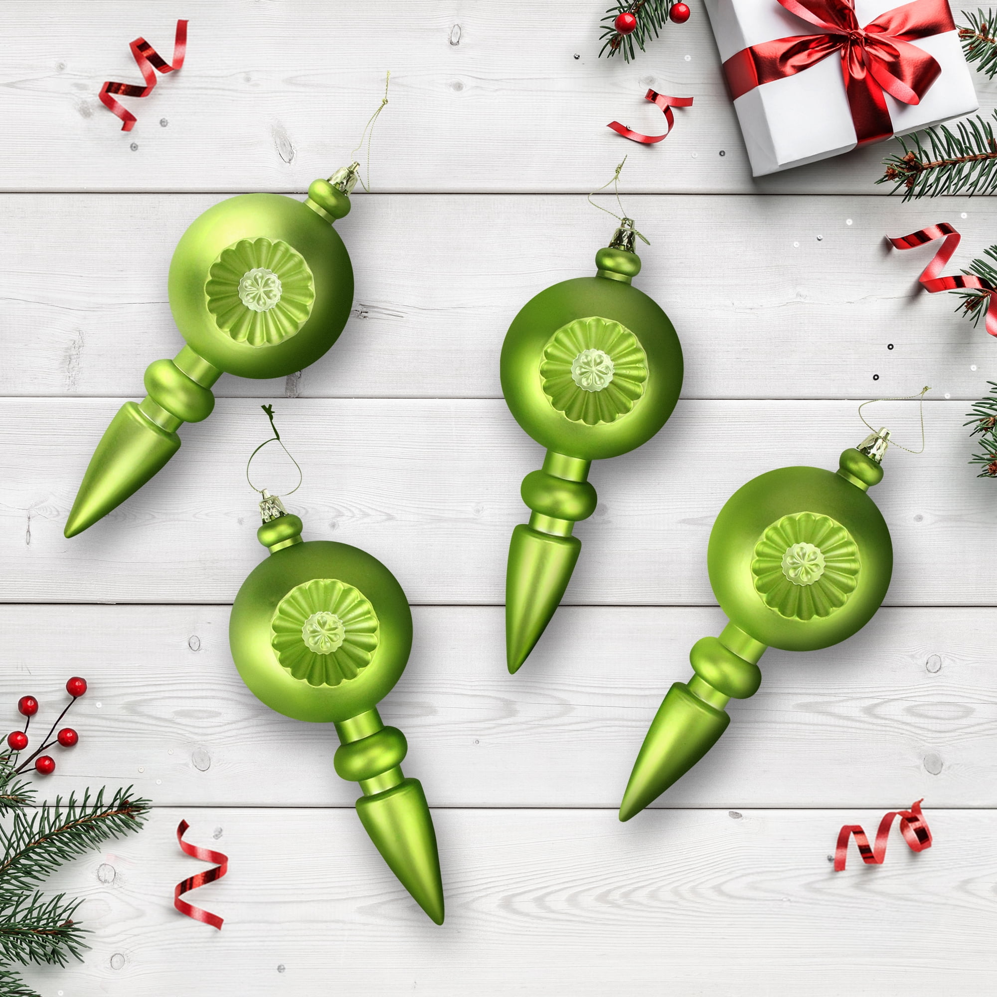 DAK 4ct Matte Green Kiwi Retro Reflector Shatterproof Christmas Finial Ornaments 7.5"