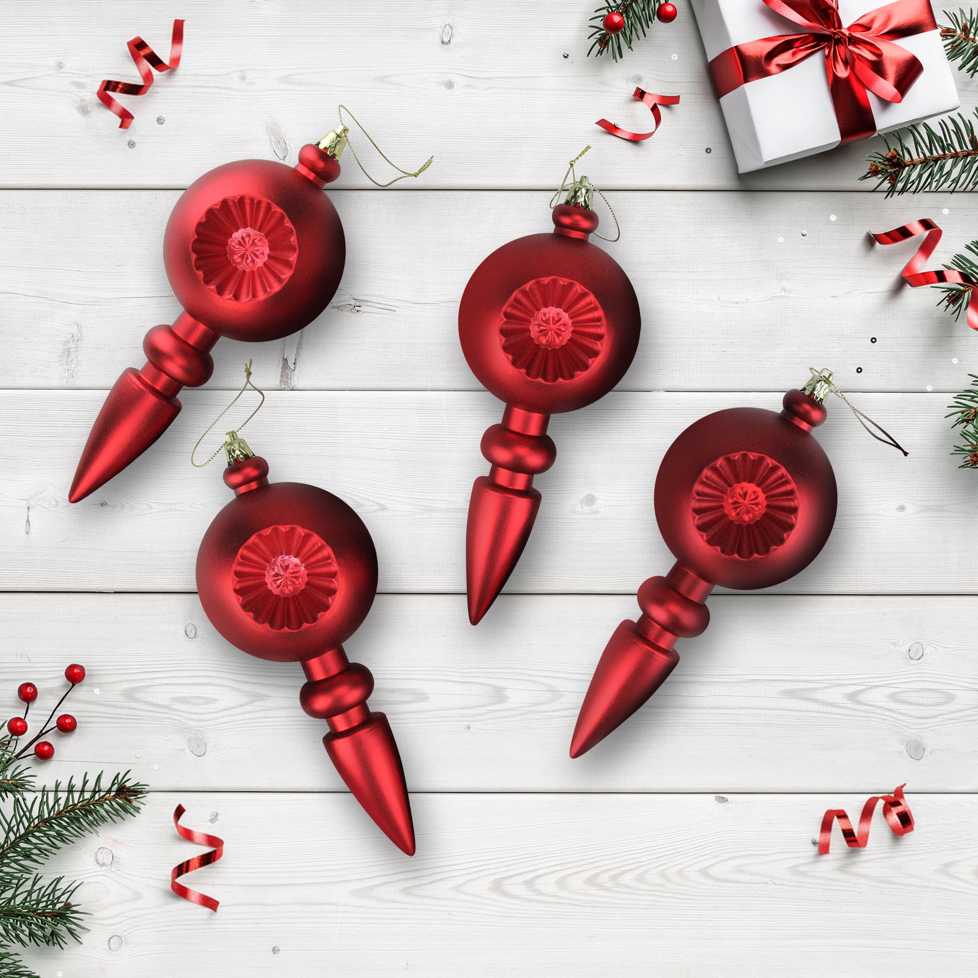 DAK 4ct Matte Red Hot Retro Reflector Shatterproof Christmas Finial Ornaments 7.5"