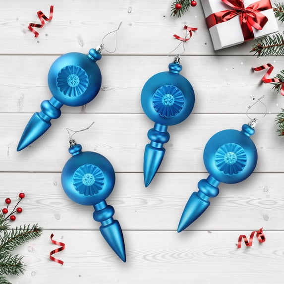 4ct Matte Turquoise Blue Retro Reflector Shatterproof Christmas Finial Ornaments