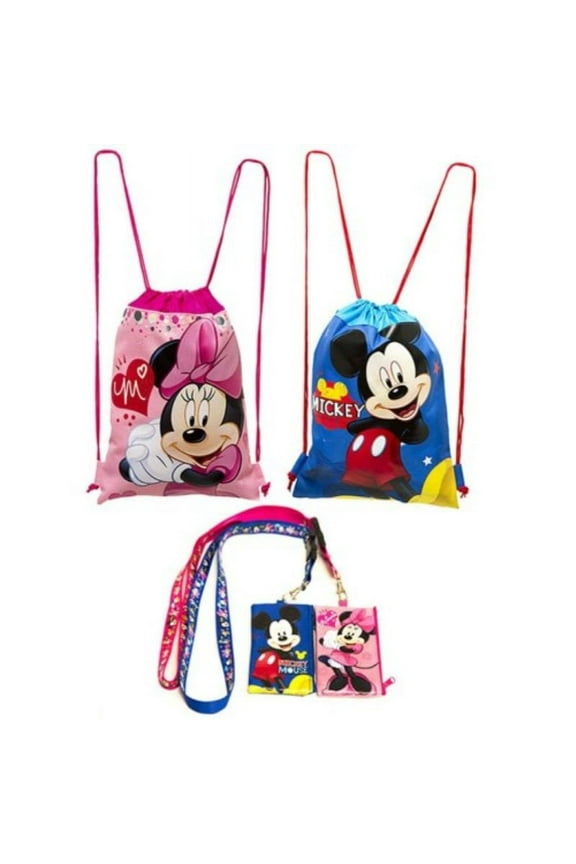 (4ct) Mickey & Minnie Mouse Drawstring Backpack and Id Holder Lanyards