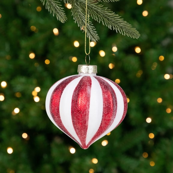 Northlight Glittered Candy Cane Onion Glass Christmas Ornaments - 3.25" - Red and White - 4ct