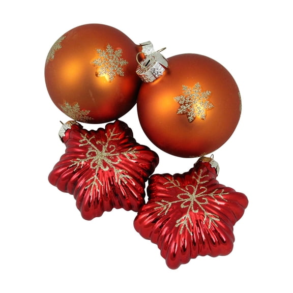 4ct Shiny Red Stars and Amber Orange Ball Design Glass Christmas Ornament Set
