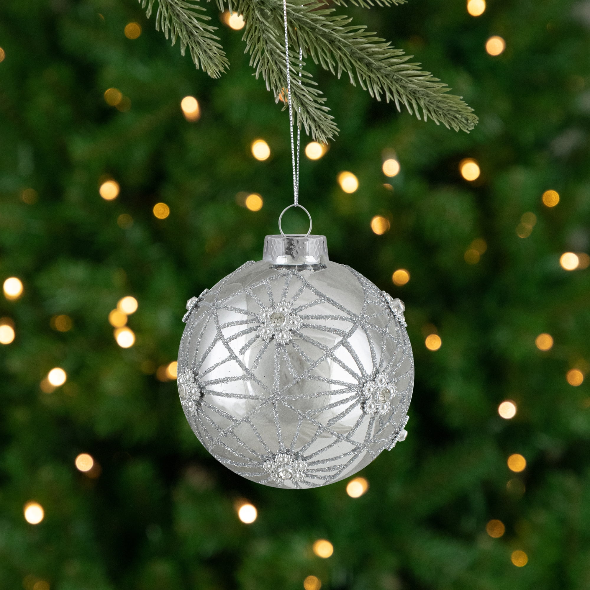 Northlight Glittered Floral Christmas Glass Ball Ornaments - 3.25" (80mm) - Silver - 4ct