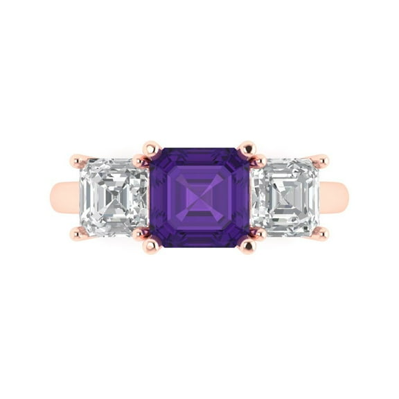Three-Stone Engagement Ring for Women - 4ct Natural Amethyst in 18K Rose Gold Promise Ring