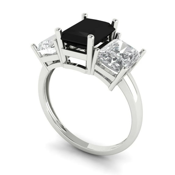 4ct emerald cut black natural onyx 18k white gold 3 stone Bridal Wedding Engagement Promise Anniversary Ring for Women size 10.75
