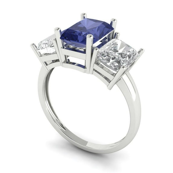 4ct emerald cut blue tanzanite 18k white gold 3 stone Bridal Wedding Engagement Promise Anniversary Ring for Women size 8.5