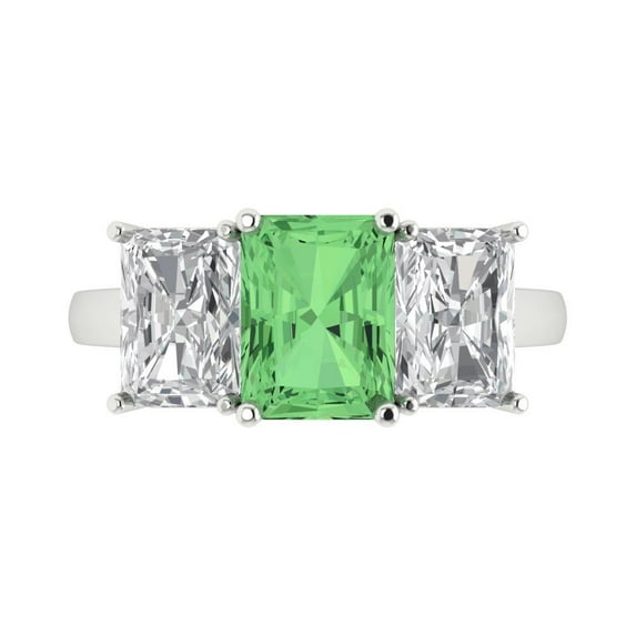 Clara Pucci 14K White Gold Solid Gold Green Three-Stone Anniversary Ring for Women - 4 cttw Emerald Cut