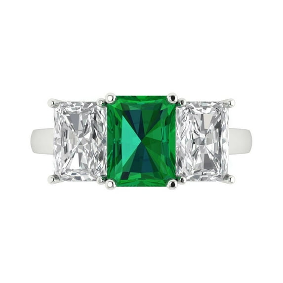 Clara Pucci 14K White Gold Solid Gold Emerald Three-Stone Anniversary Ring for Women - 4 cttw Emerald Cut