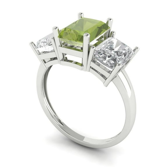 4ct emerald cut green natural peridot 14k white gold 3 stone Bridal Wedding Engagement Promise Anniversary Ring for Women size 6.75