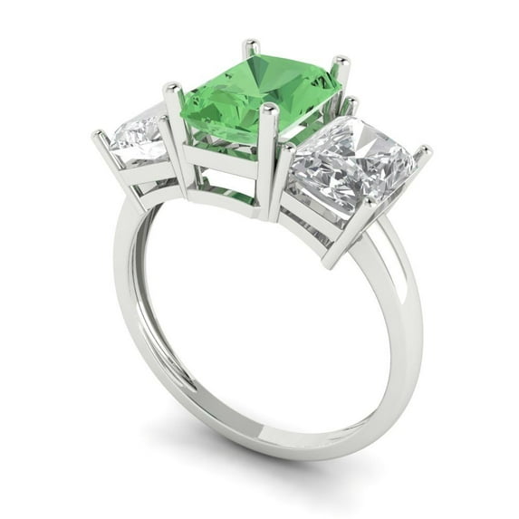 4ct emerald cut green Zircon 18k white gold 3 stone Bridal Wedding Engagement Promise Anniversary Ring for Women size 3.5
