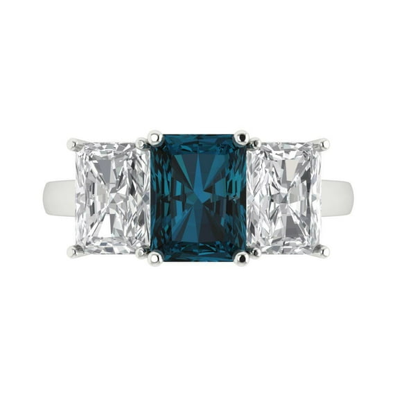 Clara Pucci 14K White Gold Solid Gold LondonBlueTopaz Three-Stone Anniversary Ring for Women - 4 cttw Emerald Cut